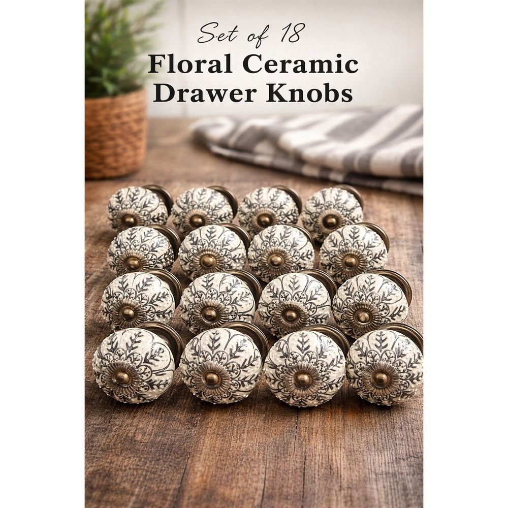 Lot of 18 Ceramic Drawer Knobs Floral Black Ivory Brass India Boho Handmade